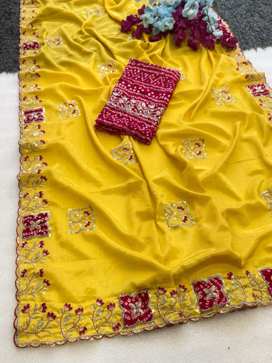 Elegance Premium Chinon Fabric Saree. Zari Embroidery Work With Sequence Work Designer Saree. The border also has rayon bandhani print butta With Beautiful Floral design. In All Over Saree