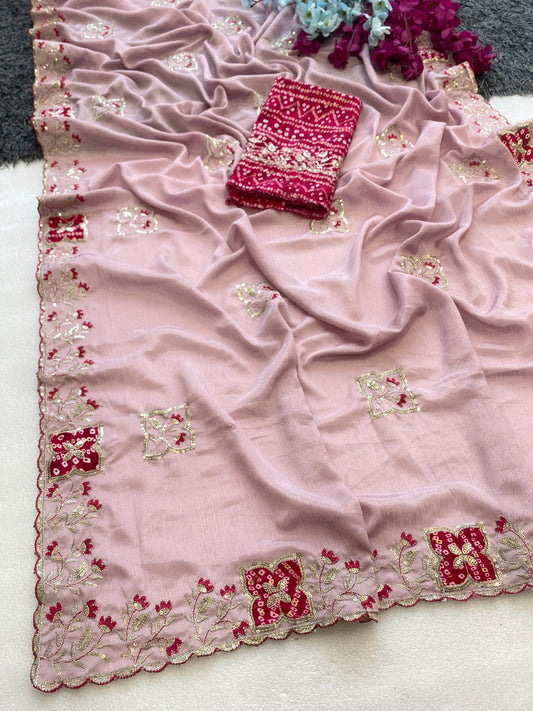 Elegance Premium Chinon Fabric Saree. Zari Embroidery Work With Sequence Work Designer Saree. The border also has rayon bandhani print butta With Beautiful Floral design. In All Over Saree