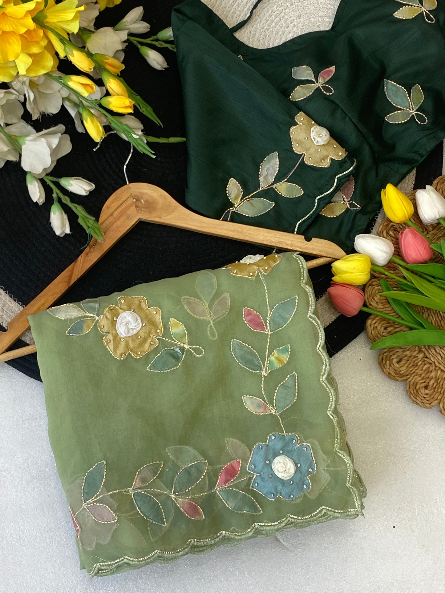 Chhavifashionhub Elegance Premium Rose Gold Saree With beats, Moti And Original Jarkan c Pallu Handwork With Patch Work Butta In All Over Saree. Heavy Blouse With Butti And Neck Design