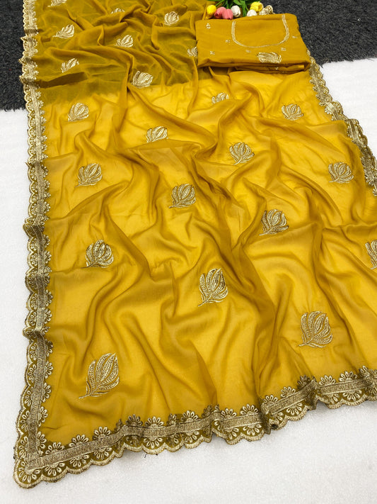 Elegance Premium Star Georgette Saree With Zari embroidery Butta In All Over Saree. and beautiful designer zari embroidery border. Heavy Blouse With Butti And Neck Design