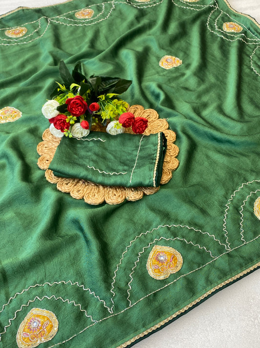 Beautiful rangoli crush Fabric Saree With Beautiful Bead And Moti Work Cut Dana Hand Work And position print peach work butta And Small Hand Work Butti In All Over Saree With C Pallu Saree