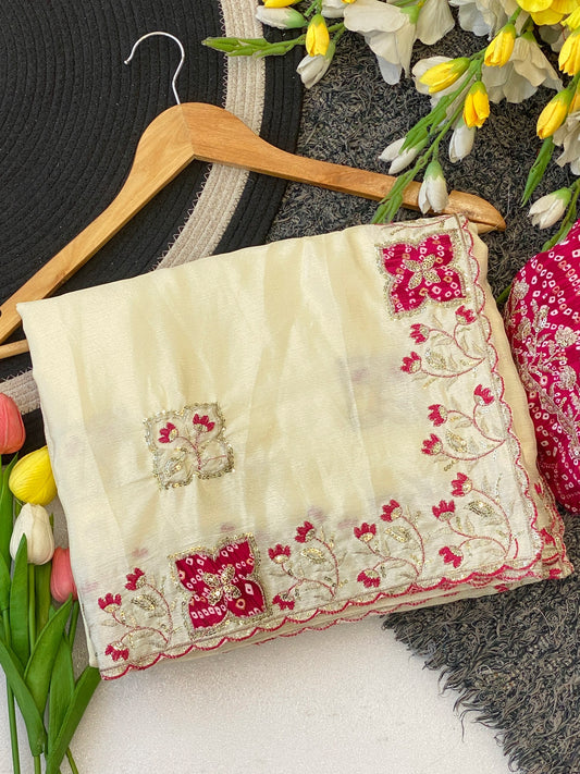 Elegance Premium Chinon Fabric Saree. Zari Embroidery Work With Sequence Work Designer Saree. The border also has rayon bandhani print butta With Beautiful Floral design. In All Over Saree