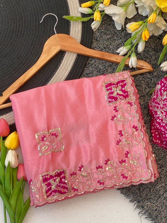Elegance Premium Chinon Fabric Saree. Zari Embroidery Work With Sequence Work Designer Saree. The border also has rayon bandhani print butta With Beautiful Floral design. In All Over Saree