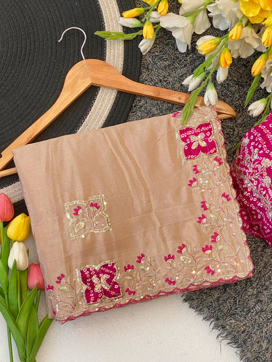 Elegance Premium Chinon Fabric Saree. Zari Embroidery Work With Sequence Work Designer Saree. The border also has rayon bandhani print butta With Beautiful Floral design. In All Over Saree