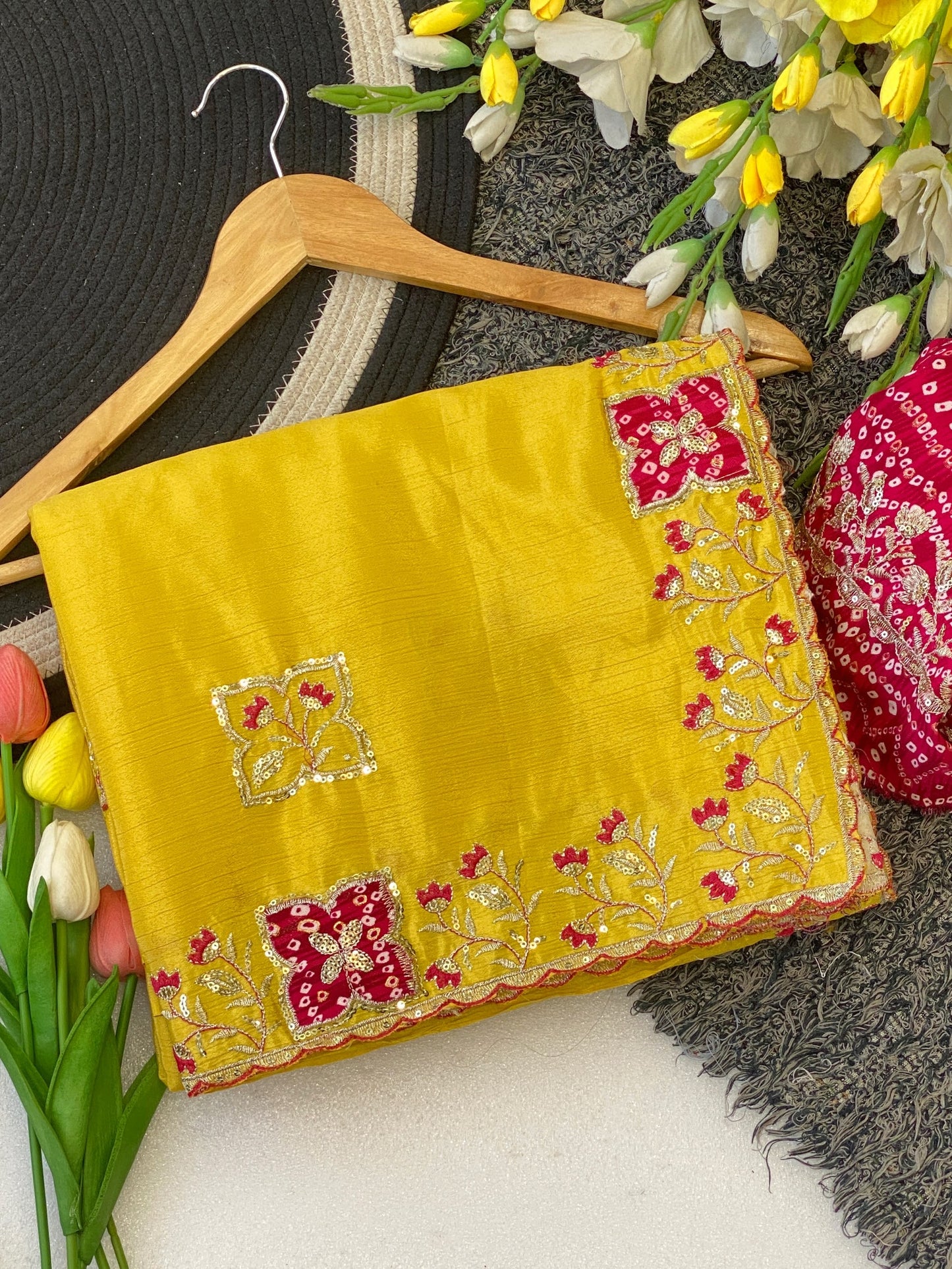 Elegance Premium Chinon Fabric Saree. Zari Embroidery Work With Sequence Work Designer Saree. The border also has rayon bandhani print butta With Beautiful Floral design. In All Over Saree