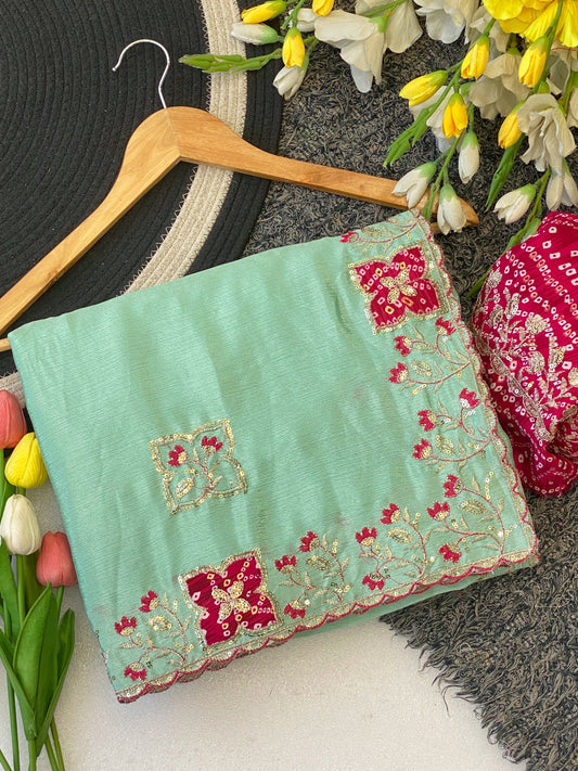 Elegance Premium Chinon Fabric Saree. Zari Embroidery Work With Sequence Work Designer Saree. The border also has rayon bandhani print butta With Beautiful Floral design. In All Over Saree