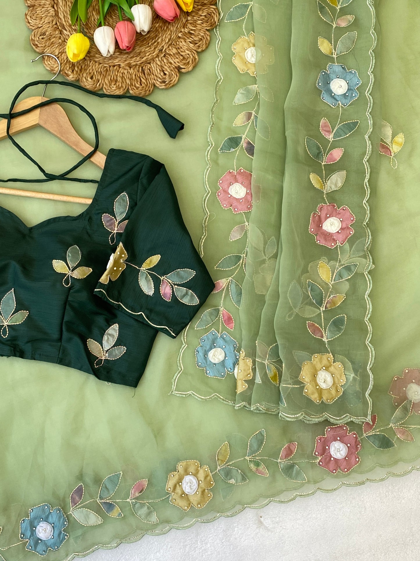 Chhavifashionhub Elegance Premium Rose Gold Saree With beats, Moti And Original Jarkan c Pallu Handwork With Patch Work Butta In All Over Saree. Heavy Blouse With Butti And Neck Design