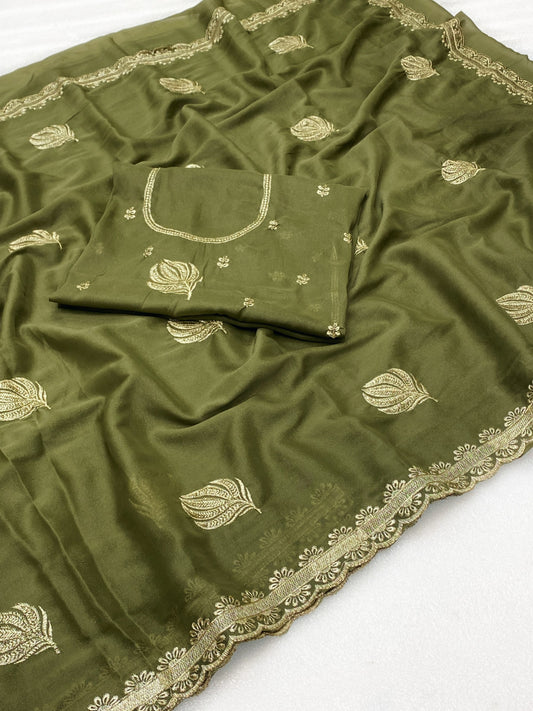 Elegance Premium Star Georgette Saree With Zari embroidery Butta In All Over Saree. and beautiful designer zari embroidery border. Heavy Blouse With Butti And Neck Design