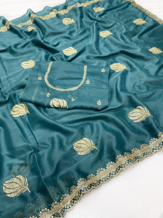 Elegance Premium Star Georgette Saree With Zari embroidery Butta In All Over Saree. and beautiful designer zari embroidery border. Heavy Blouse With Butti And Neck Design