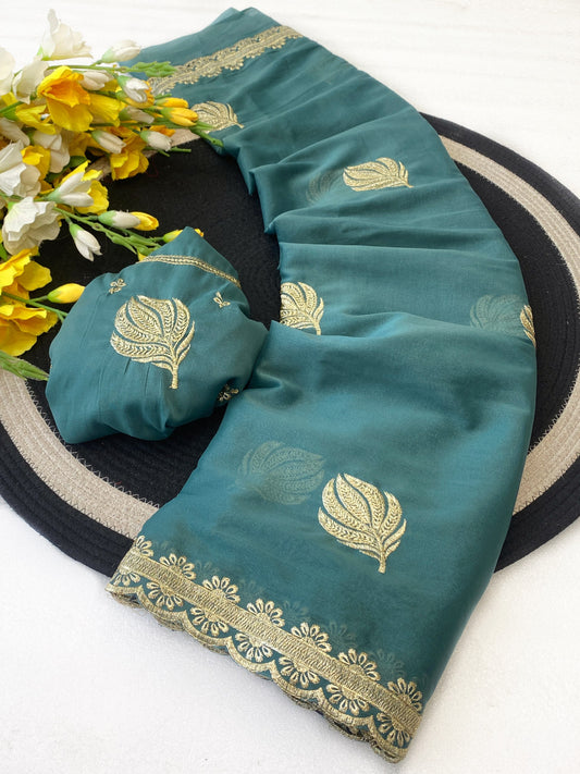 Elegance Premium Star Georgette Saree With Zari embroidery Butta In All Over Saree. and beautiful designer zari embroidery border. Heavy Blouse With Butti And Neck Design