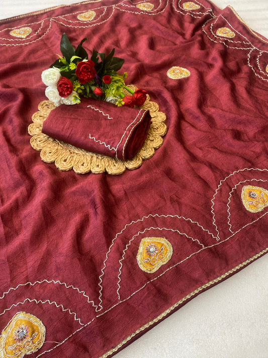 Beautiful rangoli crush Fabric Saree With Beautiful Bead And Moti Work Cut Dana Hand Work And position print peach work butta And Small Hand Work Butti In All Over Saree With C Pallu Saree