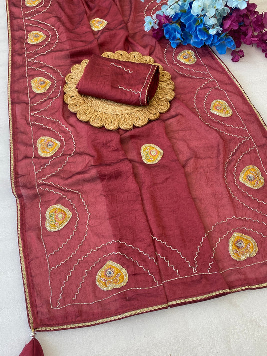 Beautiful rangoli crush Fabric Saree With Beautiful Bead And Moti Work Cut Dana Hand Work And position print peach work butta And Small Hand Work Butti In All Over Saree With C Pallu Saree