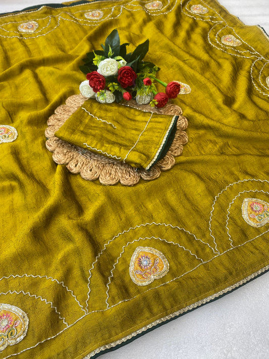 Beautiful rangoli crush Fabric Saree With Beautiful Bead And Moti Work Cut Dana Hand Work And position print peach work butta And Small Hand Work Butti In All Over Saree With C Pallu Saree