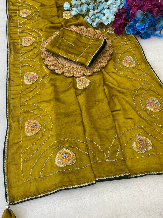 Beautiful rangoli crush Fabric Saree With Beautiful Bead And Moti Work Cut Dana Hand Work And position print peach work butta And Small Hand Work Butti In All Over Saree With C Pallu Saree