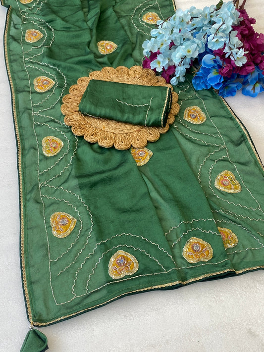 Beautiful rangoli crush Fabric Saree With Beautiful Bead And Moti Work Cut Dana Hand Work And position print peach work butta And Small Hand Work Butti In All Over Saree With C Pallu Saree