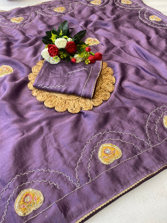 Beautiful rangoli crush Fabric Saree With Beautiful Bead And Moti Work Cut Dana Hand Work And position print peach work butta And Small Hand Work Butti In All Over Saree With C Pallu Saree