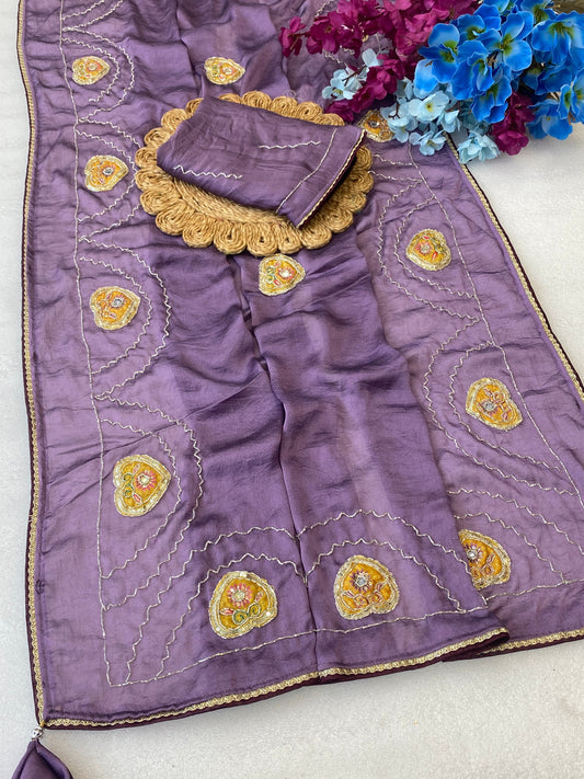 Beautiful rangoli crush Fabric Saree With Beautiful Bead And Moti Work Cut Dana Hand Work And position print peach work butta And Small Hand Work Butti In All Over Saree With C Pallu Saree
