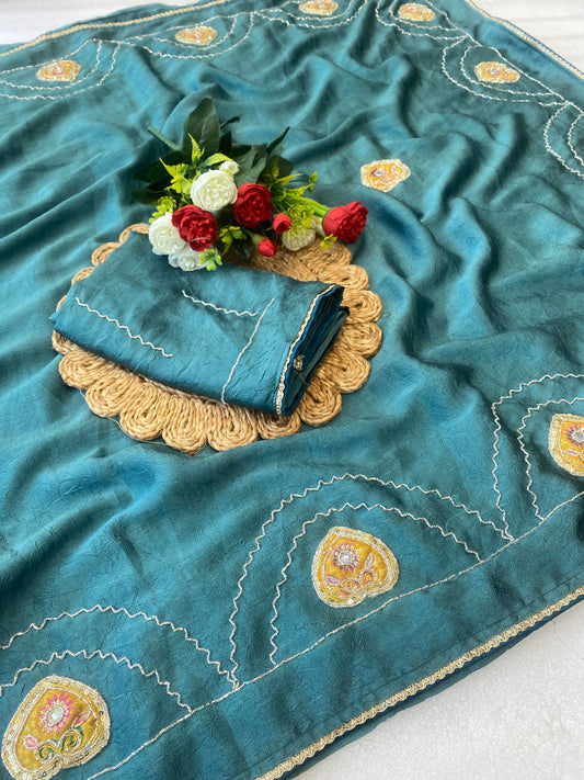 Beautiful rangoli crush Fabric Saree With Beautiful Bead And Moti Work Cut Dana Hand Work And position print peach work butta And Small Hand Work Butti In All Over Saree With C Pallu Saree