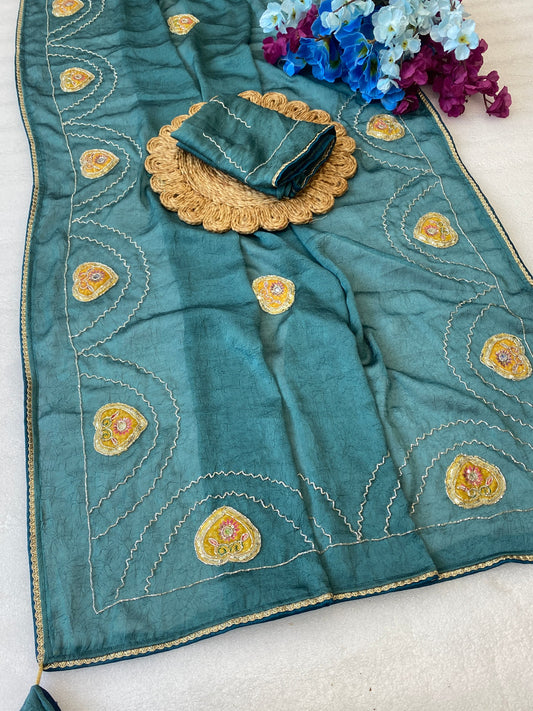 Beautiful rangoli crush Fabric Saree With Beautiful Bead And Moti Work Cut Dana Hand Work And position print peach work butta And Small Hand Work Butti In All Over Saree With C Pallu Saree