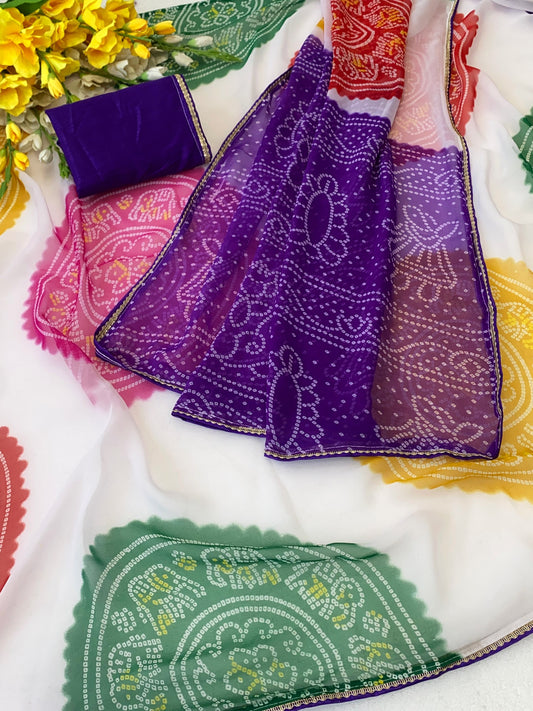 Premium Beautiful Georgette Saree With Bandhani Print saree And nagin lace border