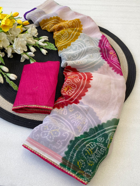 Premium Beautiful Georgette Saree With Bandhani Print saree And nagin lace border